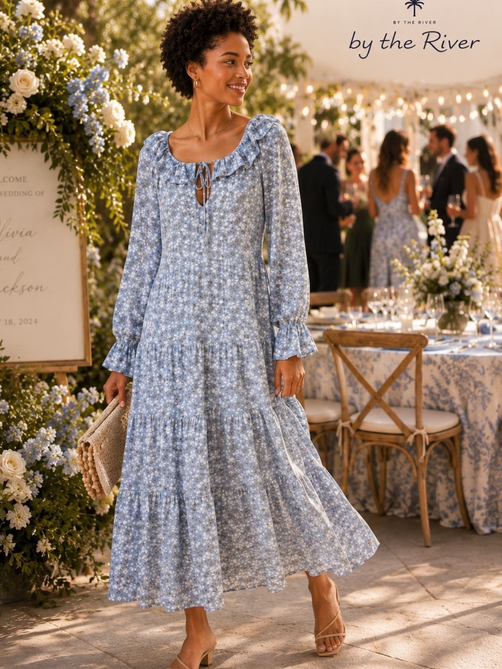 NWT By The RIVER Long Sleeve FLORAL Chiffon MIDI Dress L Women Blue Multi MP$155